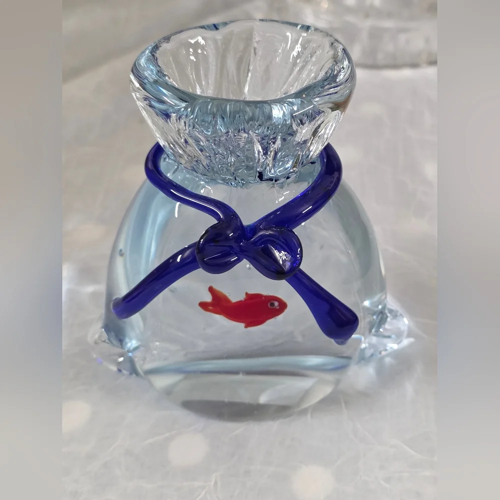 Bella Casa By GANZ Art Glass Paperweight Gold Fish In A Bag Blue Orange